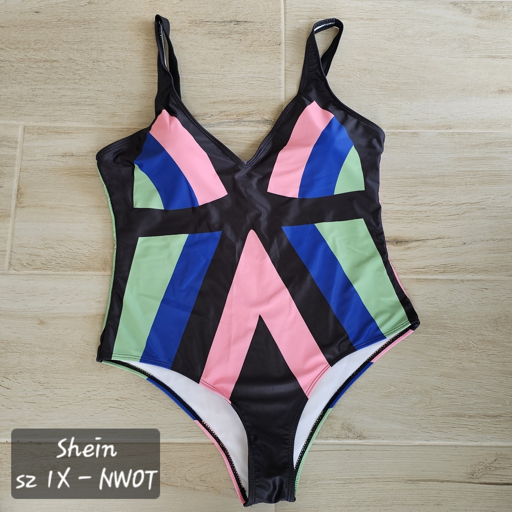 SHEIN Pink and Blue Geometric One Piece Swimsuit size 1X New Without Tags